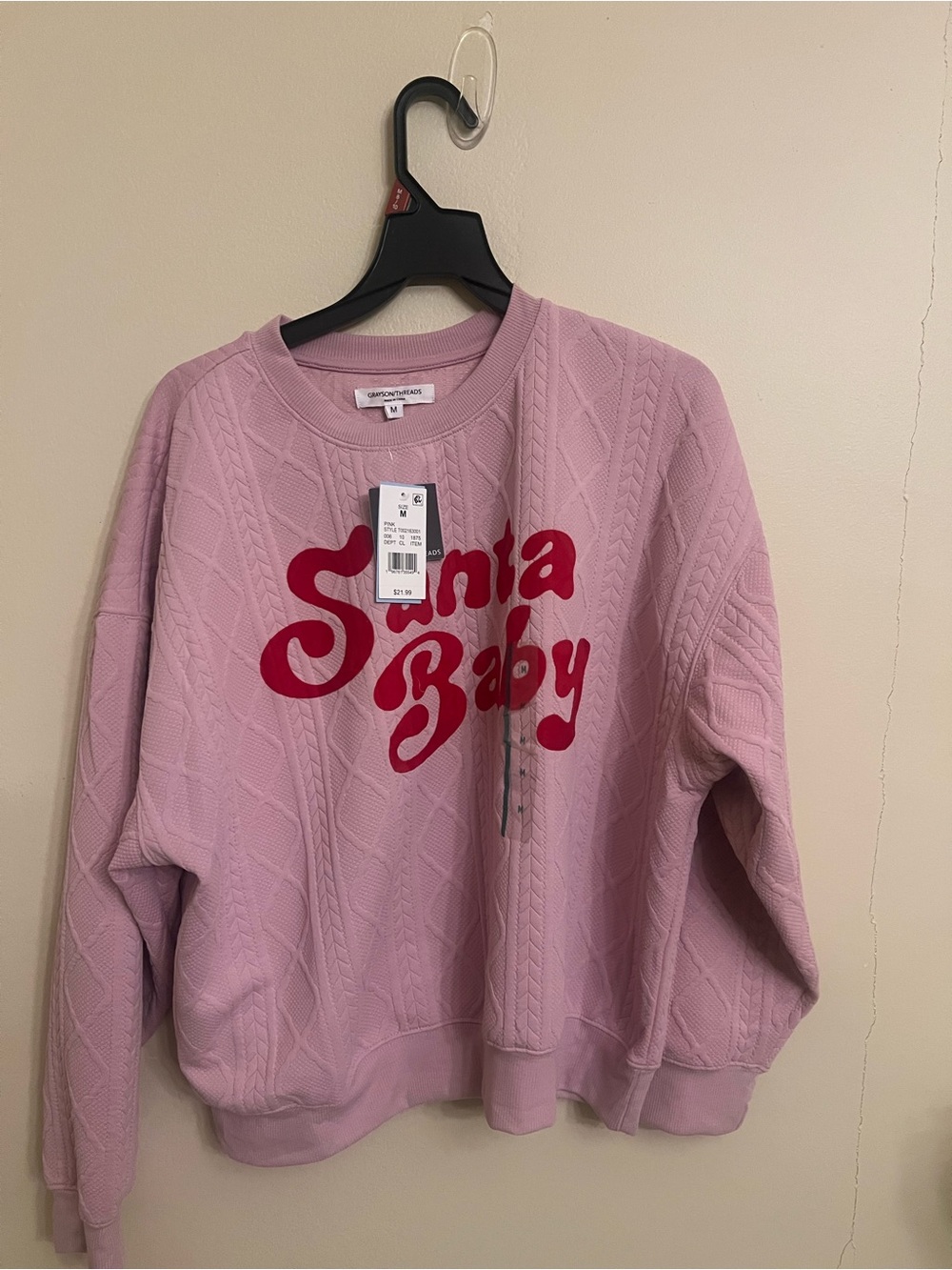 Grayson Threads Pink Cable Knit Crewneck with Red 'Santa Baby' Script